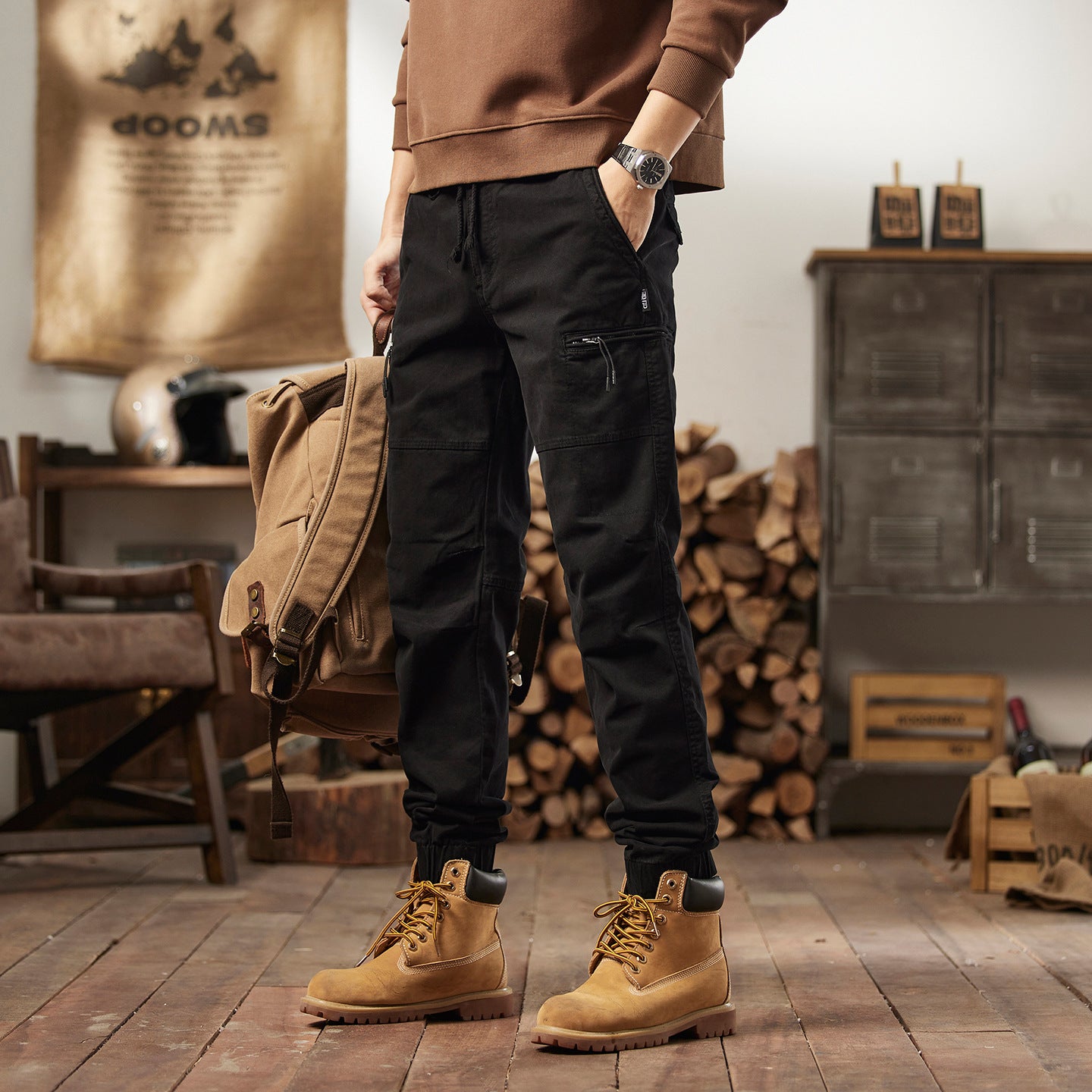 Side view of the cargo pants showing the deep thigh pocket flap