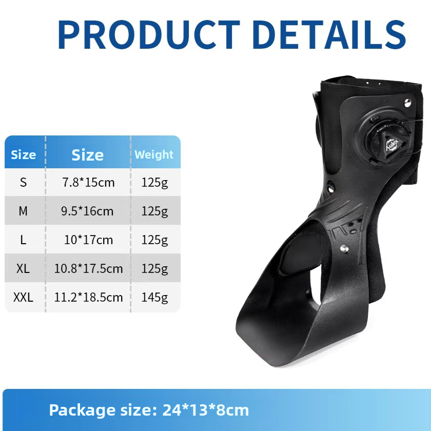Product detail panel with a size and weight table for the black ankle brace