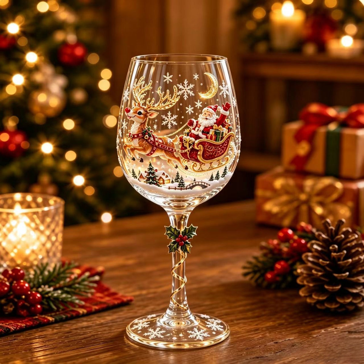Clear wine goblet with a painted holiday sled design on the glass bowl