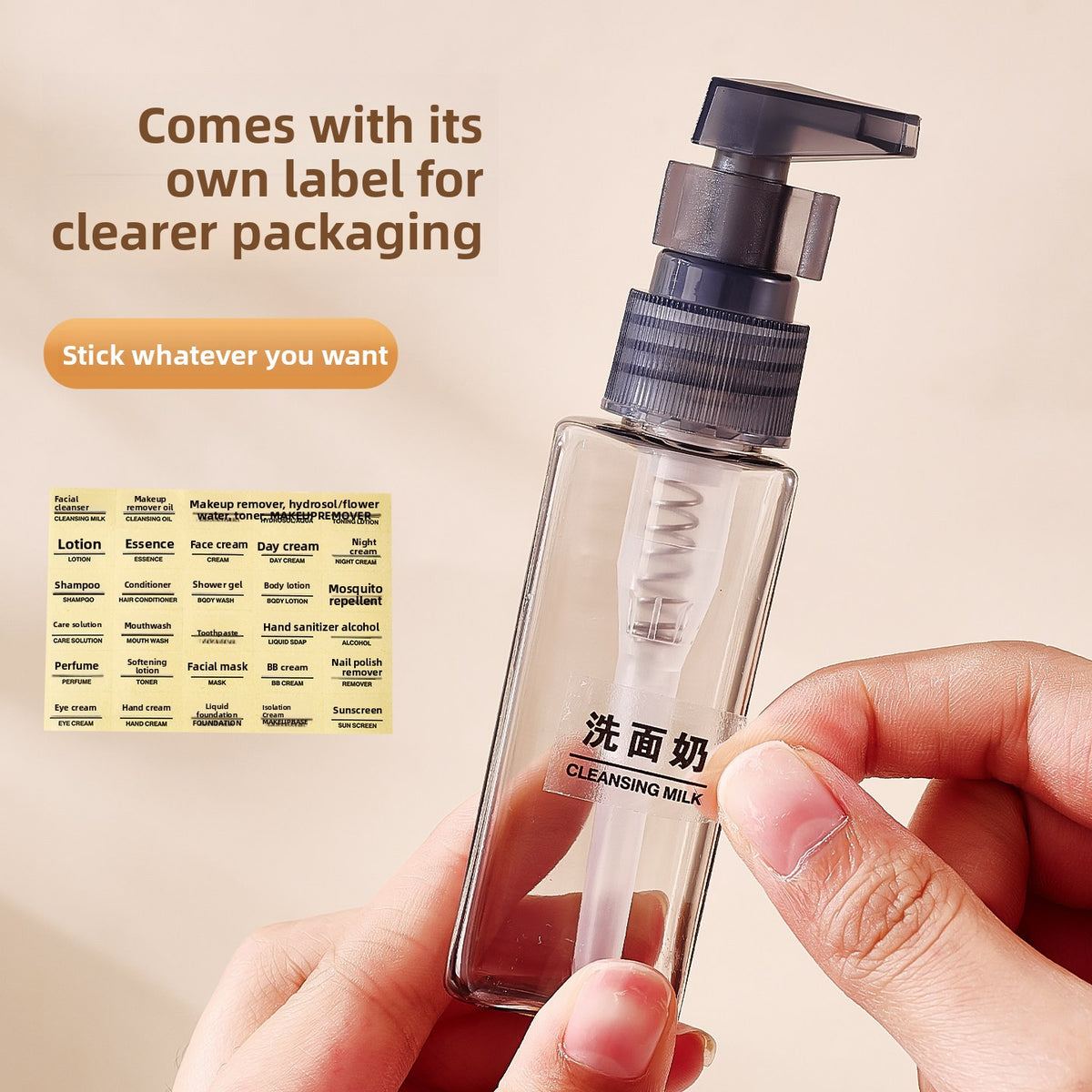 Hand holding a 35ml press pump travel bottle from the set