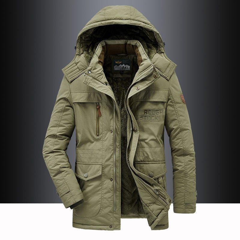 Khaki fleece lined hooded parka, front flat lay with padded body, size 4XL