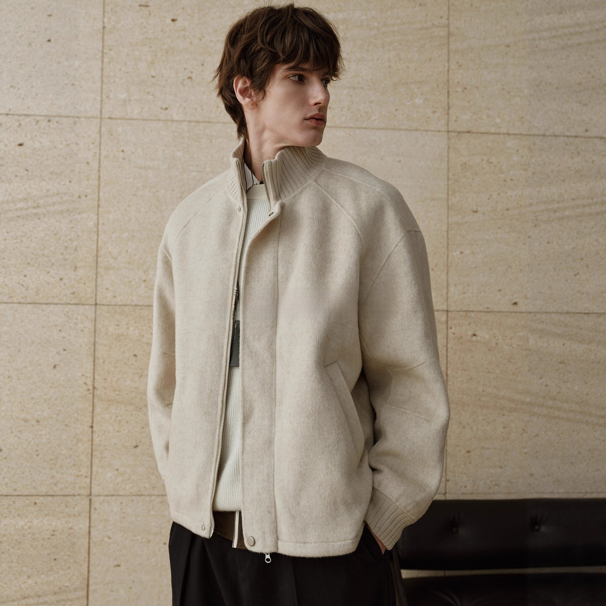 Men's brushed wool blend stand collar zip jacket with a full front zip and ribbed cuffs, in off white or dark grey
