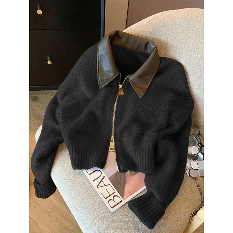 Black cropped zip-up knit cardigan with a glossy brown collar and gold-tone zip, size XL option