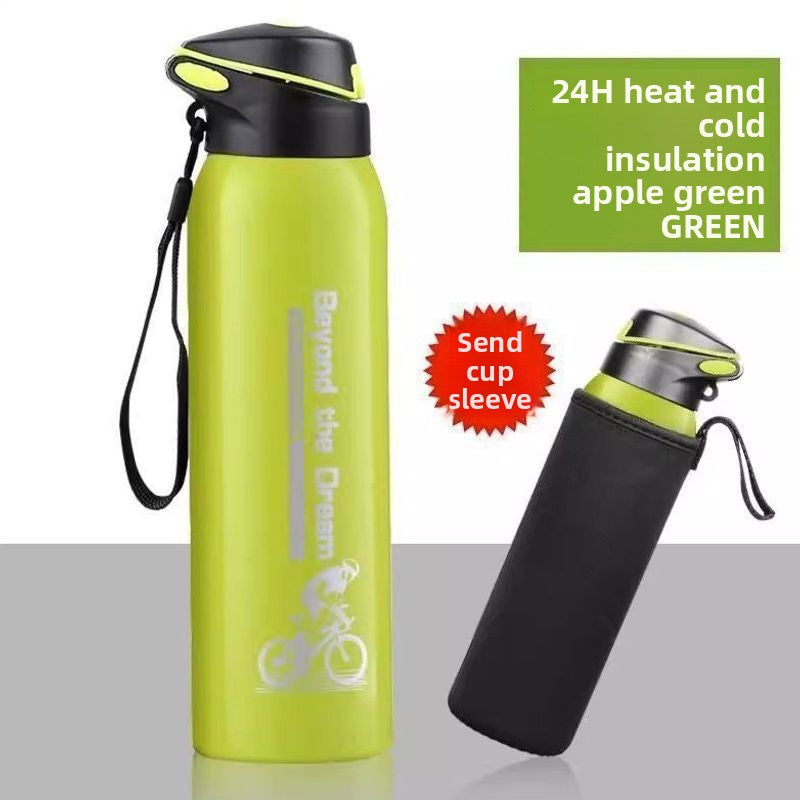 Apple green insulated sports bottle with strap beside a black cup sleeve, green with cup sleeve and cup brush option