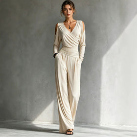 Women's Cold-Shoulder Wrap Wide-Leg Jumpsuit