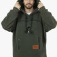 Olive green sherpa fleece pet pouch hoodie front view on a man with hand pockets