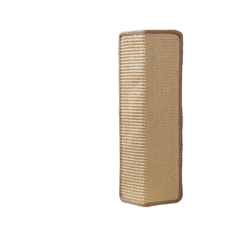 Angled sisal scratching pad with taupe edge binding standing on a plain white background
