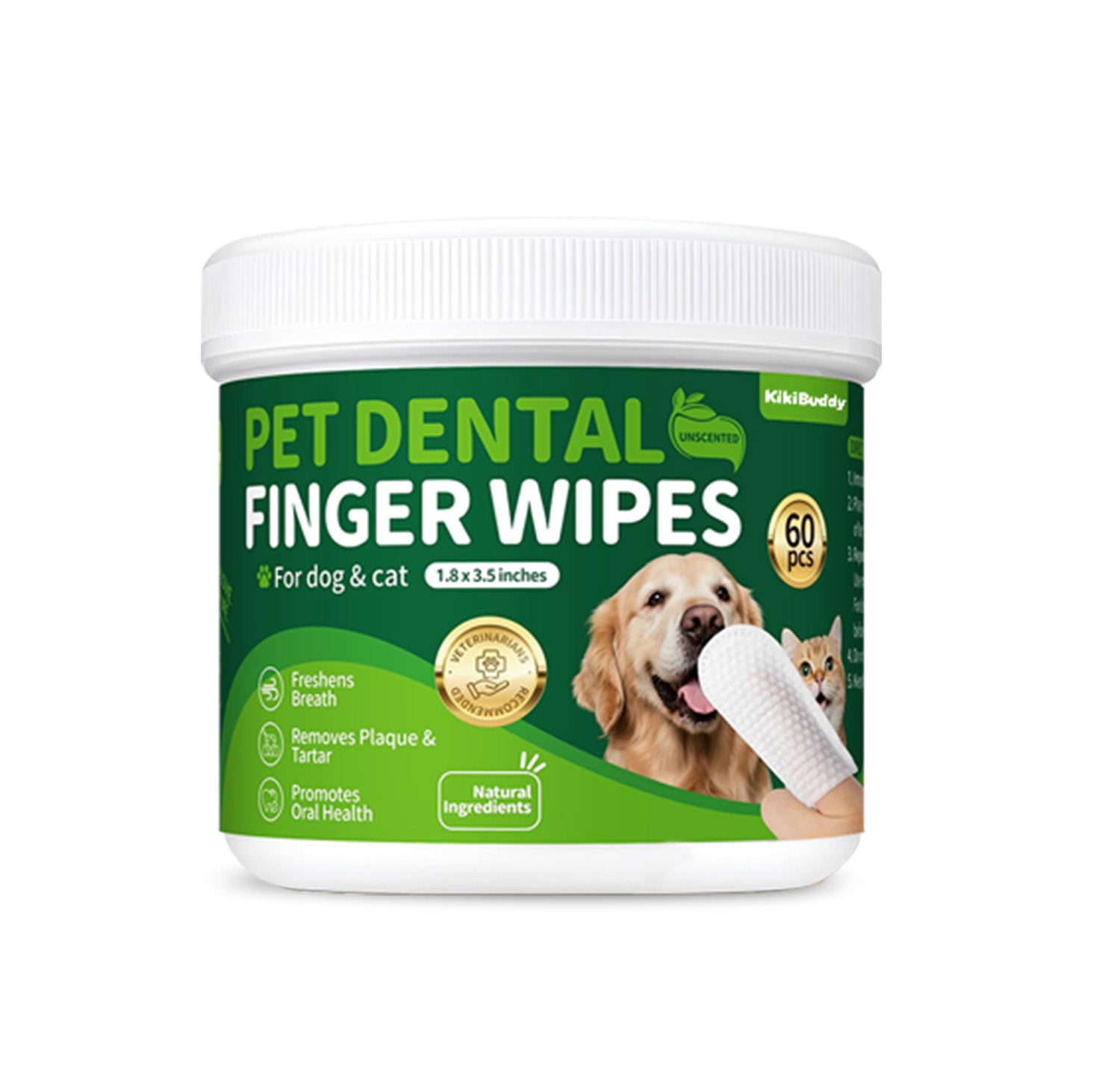 Second front view of the white 60 piece finger wipes tub with the green label and screw lid