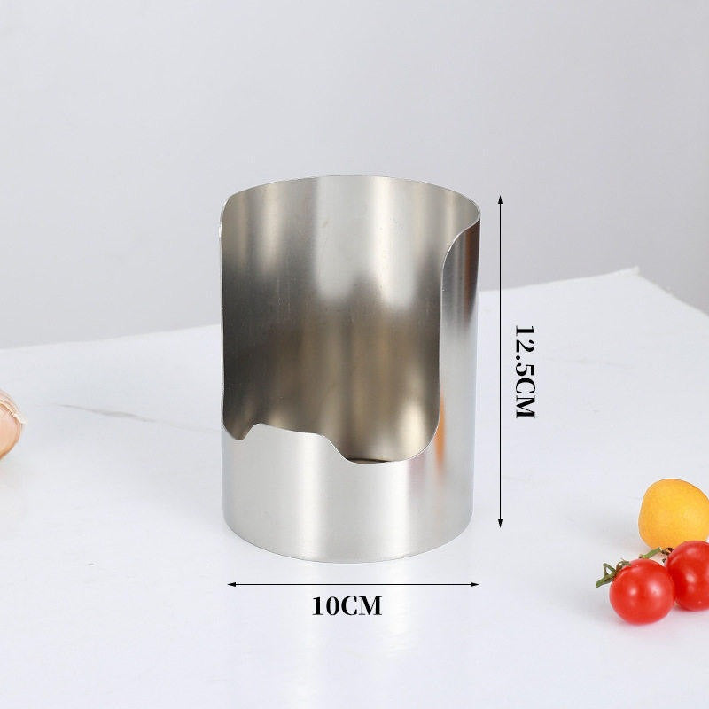 Stainless steel holder shown with a dimension drawing beside tomatoes and an orange on a white counter