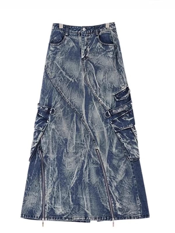 Flat lay of the marbled acid-wash denim maxi skirt with twin front zippers, cargo pockets and buckle straps