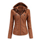 Camel PU leather jacket with detachable hood, size XXXXL option