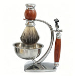 Rosewood handle wet shaving set with razor, brush, steel bowl, and chrome stand