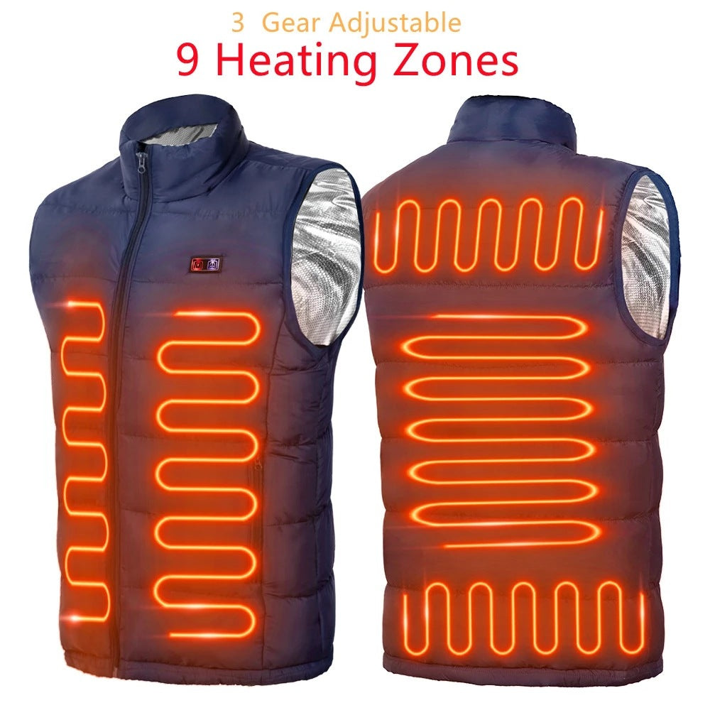 Navy blue heated vest front and back views showing nine orange heating zones on the quilted body