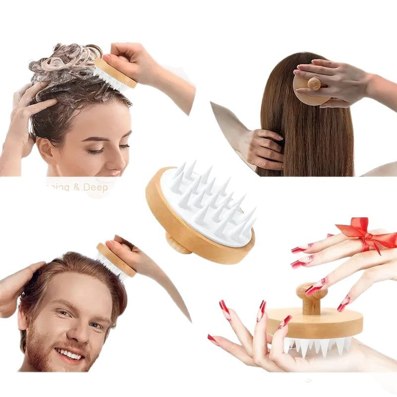 Close up of soft silicone massage cones set into a bamboo hair care brush