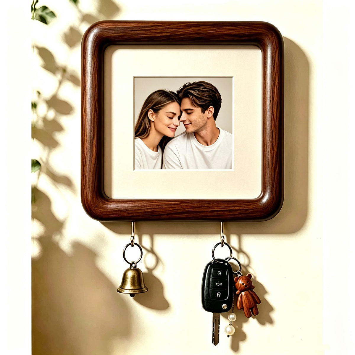 Option 15x15 Hook Style 7: dark wood wall photo frame with plain cream backing and two key hooks