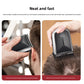 Two photos of the palm hair clipper trimming the side of a man's head and the top of his hair on a plain background