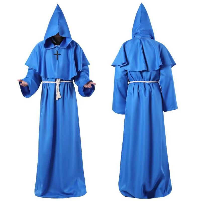 Blue hooded monk robe with shoulder cape, front and back views, size S