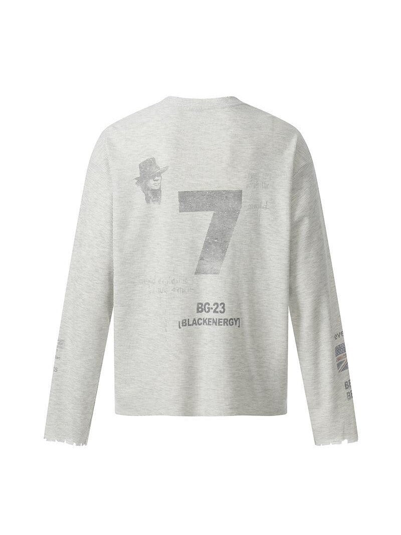 Back of the light gray long sleeve t-shirt with a large number 7 print and BG-23 lettering