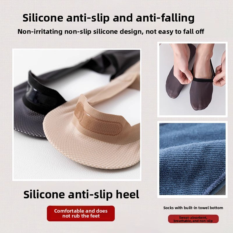Silicone anti-slip heel detail on men's invisible socks in black and skin tones