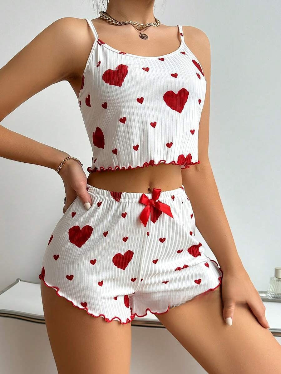 Styled flat lay of the ribbed cami top with matching heart print shorts