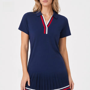 Slim fit short sleeve polo shirt shown on a woman standing in a plain studio
