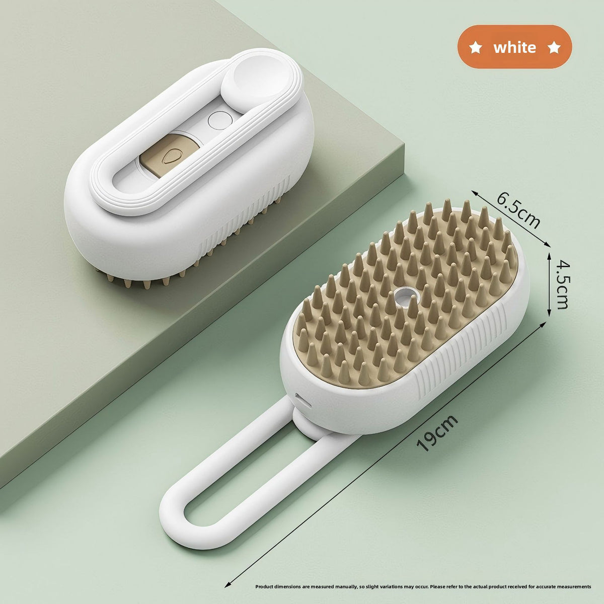 White option: pet spray brush with khaki bristles and loop handle, shown with its back and its 19 cm size