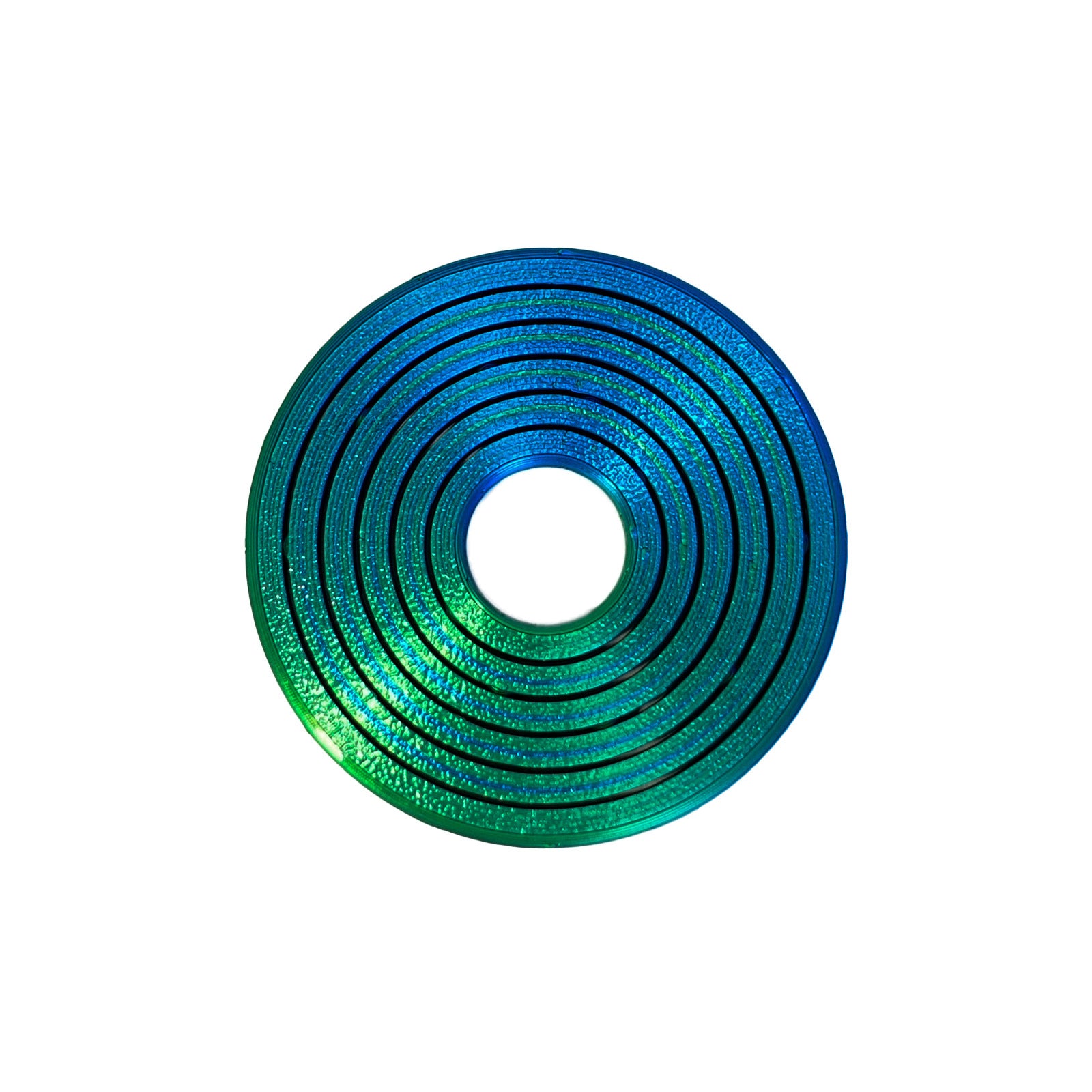 Blue and green gyro ring fidget flat on white, ring edges showing the print layers