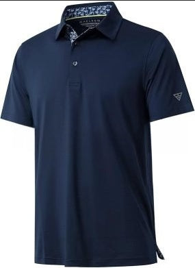 Men's short sleeve polo shirt with a solid body and a printed contrast collar, fitted cut in light polyester