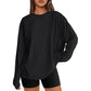 Black loose fit long sleeve rayon top with black bike shorts, front view, size S option