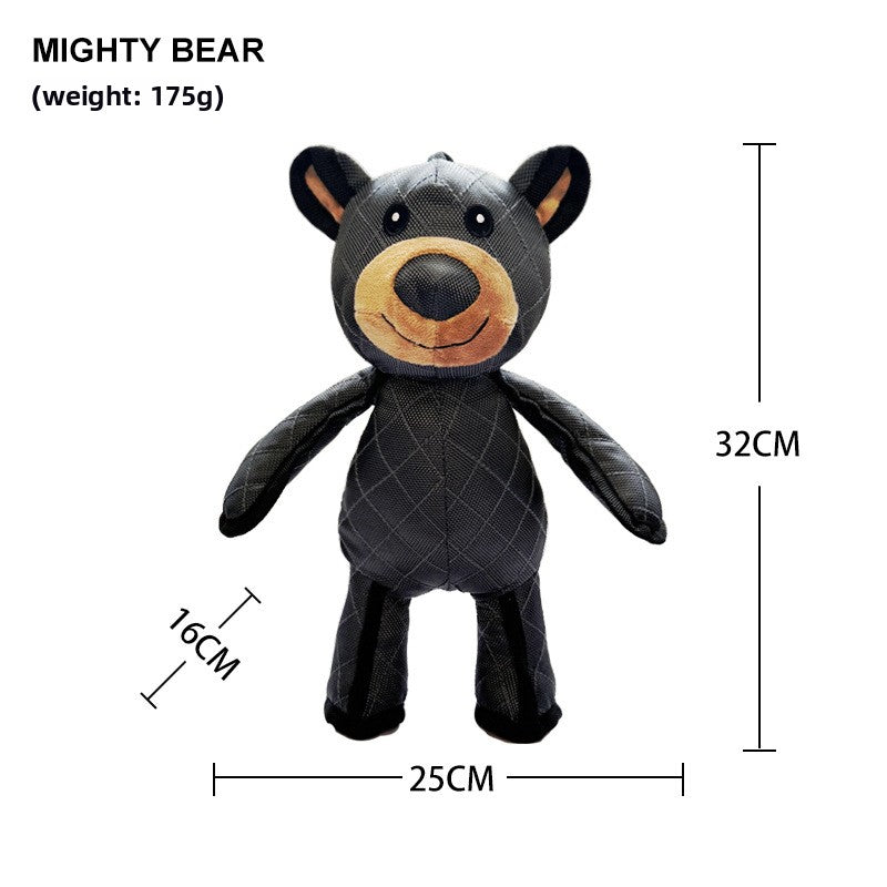 Plush squeaky pet toy design shown with its approximate size, soft body for gentle chewing