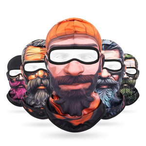 Group of printed beard balaclavas with orange cap, gray and blue beard designs, front view on a white background