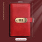 Rouge red faux leather banknote holder book with three dial combination lock, front view