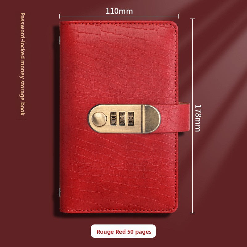 Rouge red faux leather banknote holder book with three dial combination lock, front view