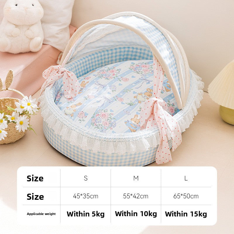 Pet bed shown in pink and blue with the princess style raised sides