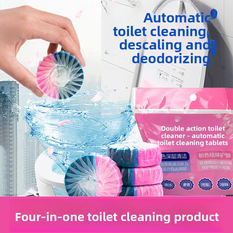 Hand holding a pleated pink and blue toilet block above blue tinted flush water, pink pack behind