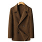 Dark brown double faced wool overcoat shown flat on a wooden hanger, double breasted front view