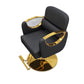 Salon styling chair shown from the side with its footrest and hydraulic swivel base
