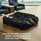 Black compression bag compressed flat on a lounge table with a phone and cable connected to its pump