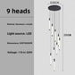 Specification panel of the 9 heads spiral LED chandelier with aluminum acrylic tubes, dimensions and light source