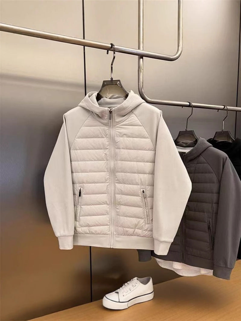 Grey and black hooded jackets side by side showing the padded front and knit sleeves