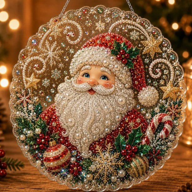 5D diamond painting Christmas ornament with a beaded Santa on a clear round