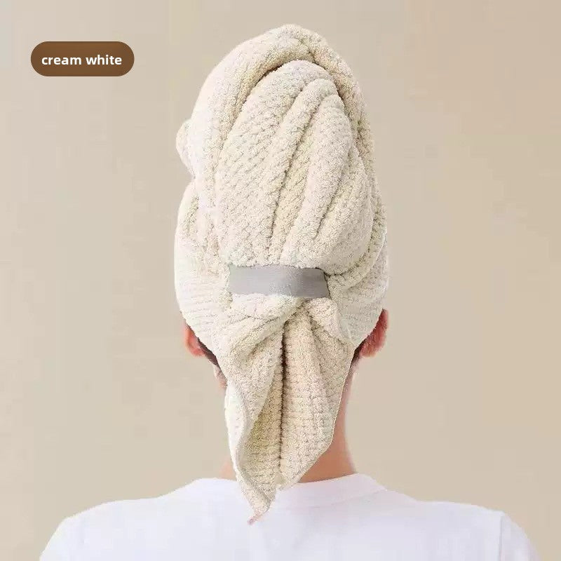 Cream white coral fleece hair drying towel wrapped on the head with an elastic strap, photo for the Cream White option