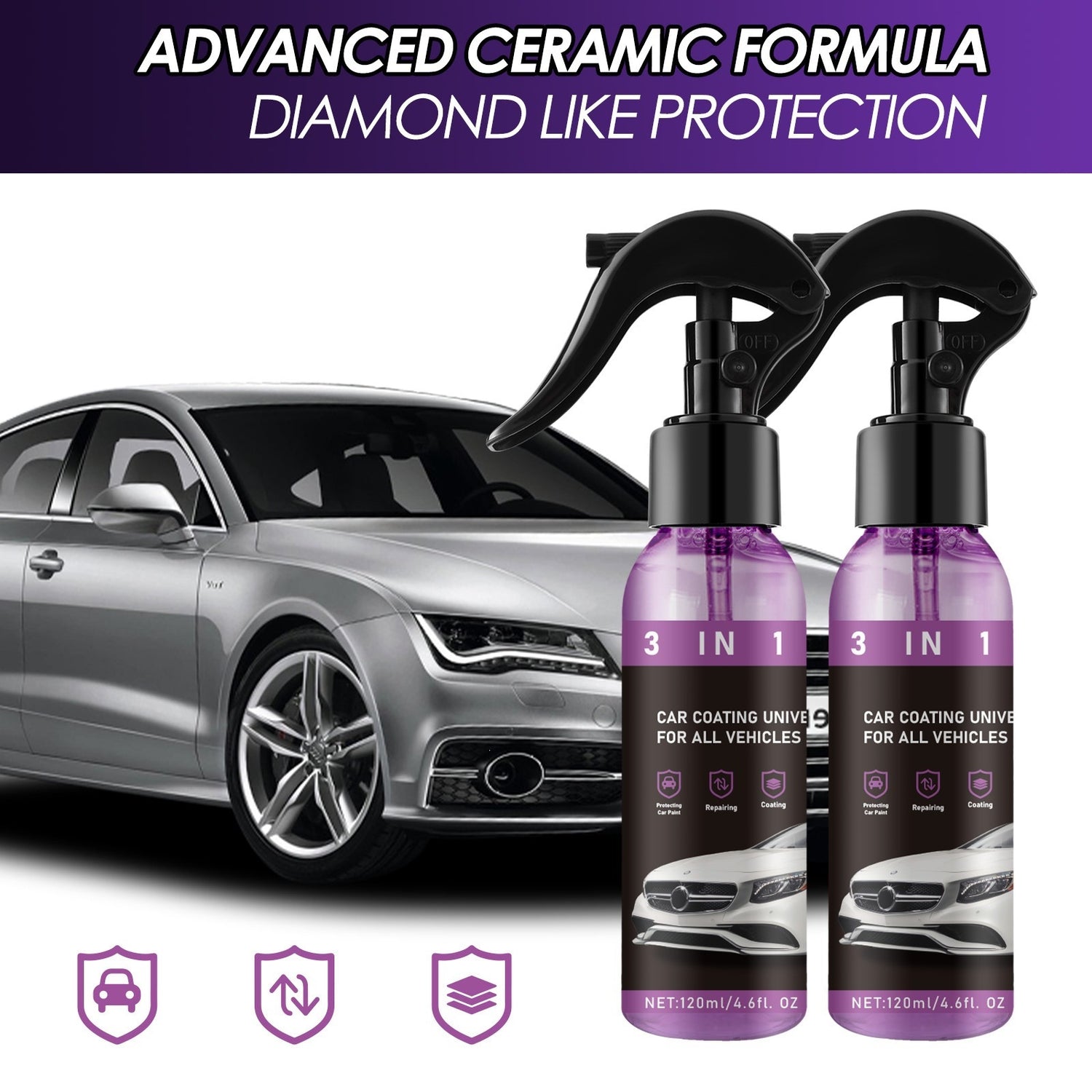 Maker panel with a silver saloon and two purple coating bottles under a ceramic headline