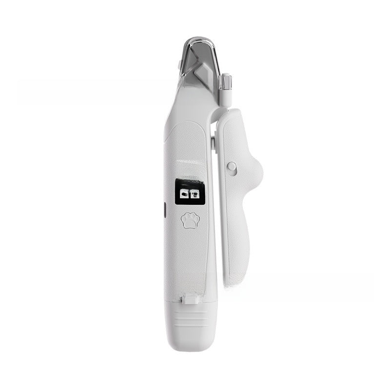White pet nail clipper side view with digital window, paw button and clear guard