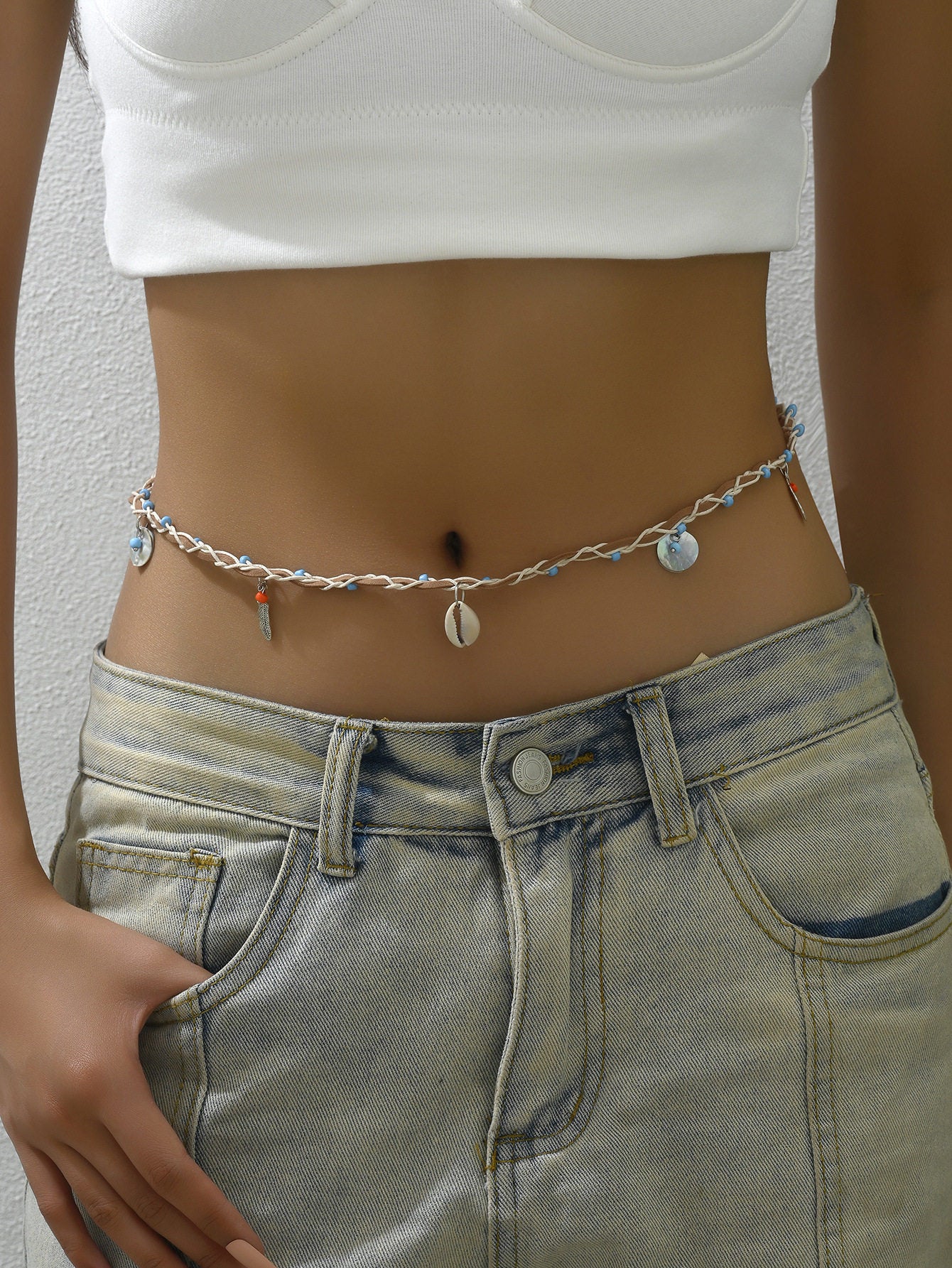 Beach style waist body chain from this design range, worn low across the bare waist