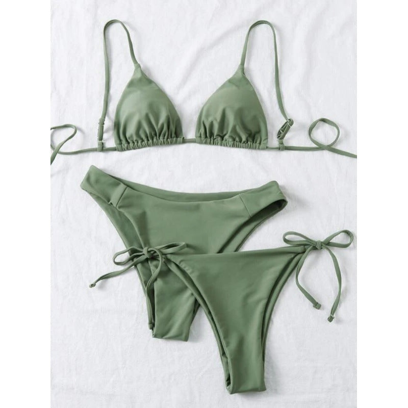 Close-up of the nylon-blend stretch swim fabric and stitched seam on the bikini top