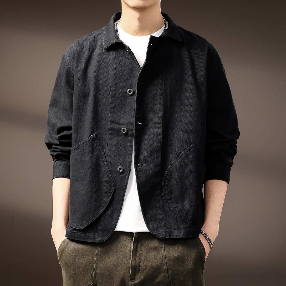 Workwear shirt jacket in Retro Blue on a clean studio background, full garment view
