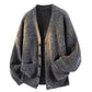 Dark gray ribbed knit cardigan with a tan gradient finish, V neck and black buttons, front view