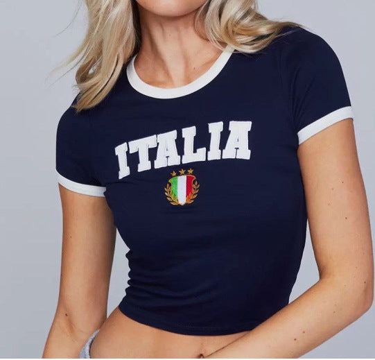 Fitted short sleeve country tee shown flat on white background
