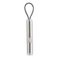 Stainless steel cat laser pen with a black lanyard loop in a second upright view on a white background